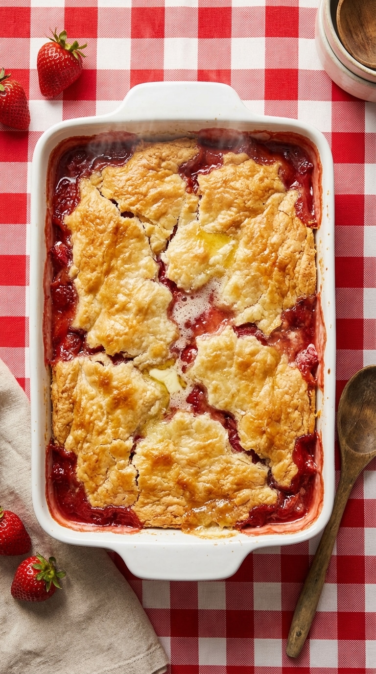 A top-down view of a baking dish filled with golden dump cake, with red fruit sauce bubbling at the edges.