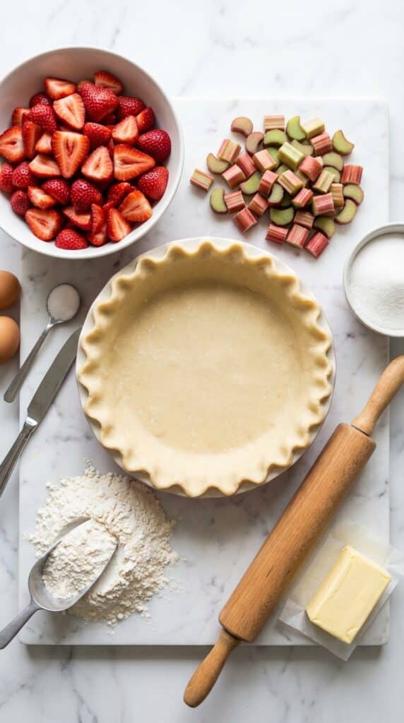 A flat lay showing chopped rhubarb stalks, strawberries, sugar, flour, and a pie crust on a marble board.