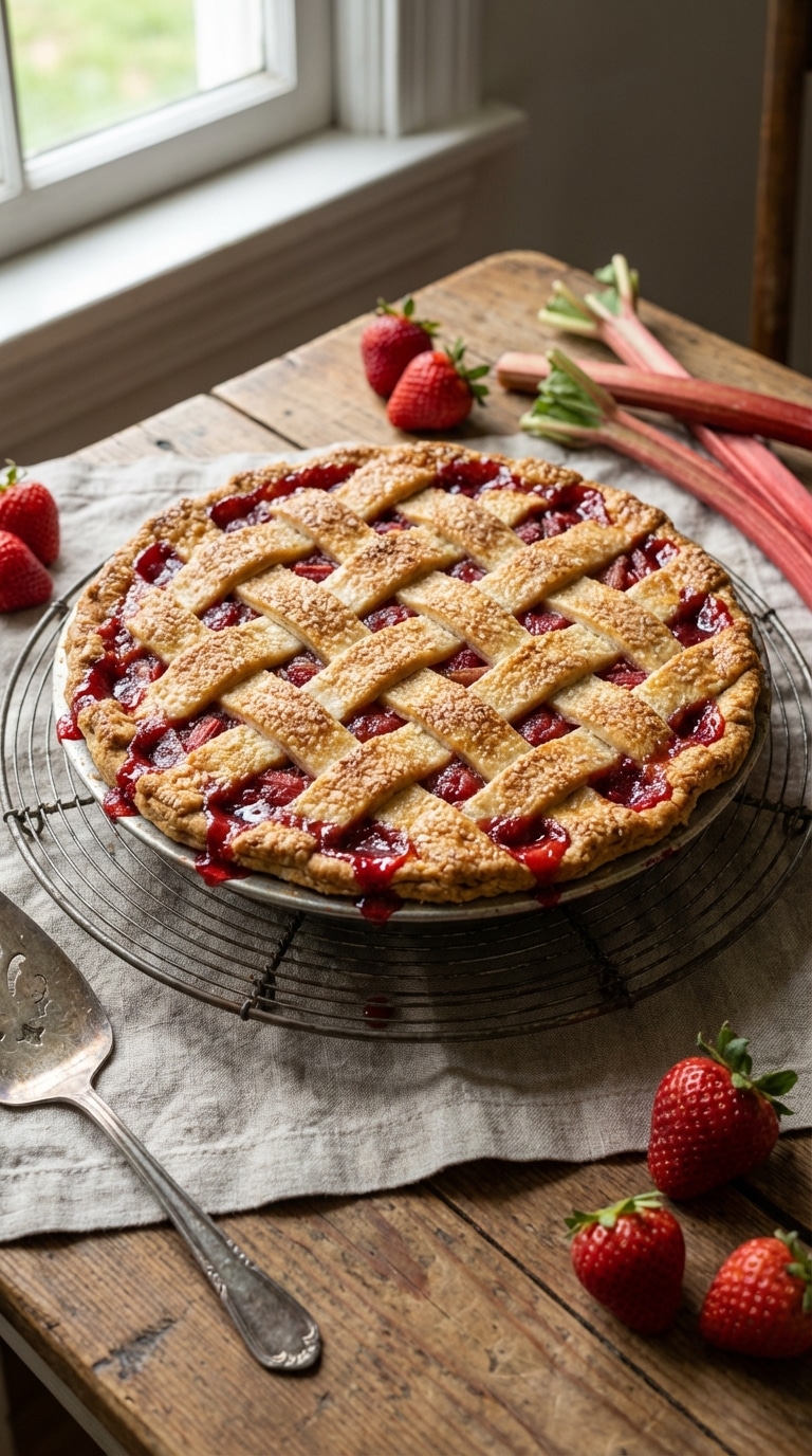 A whole strawberry rhubarb pie with a golden lattice crust and bubbling red fruit filling on a cooling rack.