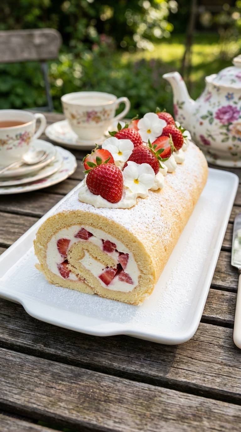 A whole strawberry swiss roll cake dusted with powdered sugar and topped with fresh berries on a white platter.
