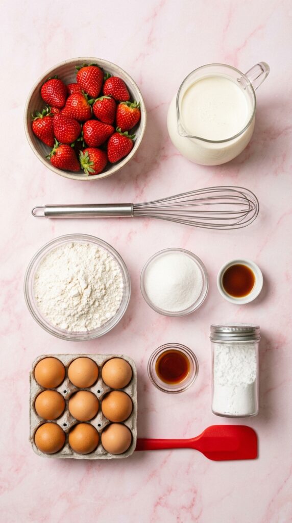 A flat lay showing fresh strawberries, cream, flour, eggs, and powdered sugar on a pink surface.
