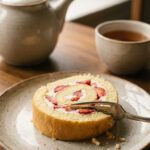 A close-up of a slice of strawberry cream roll cake on a plate with a fork and tea in the background.