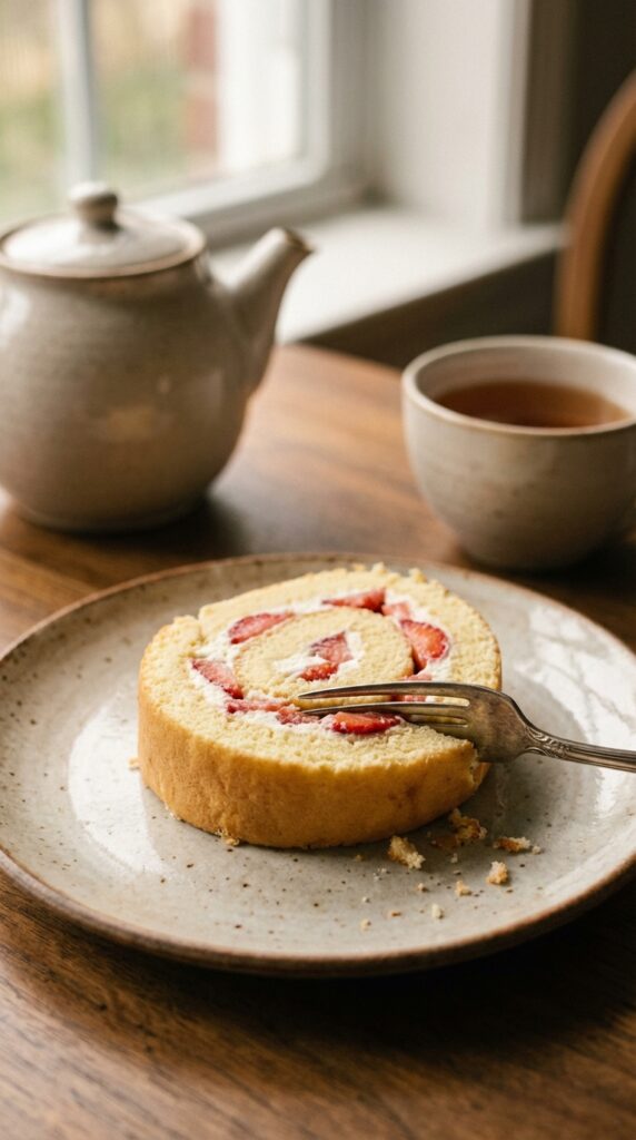 A close-up of a slice of strawberry cream roll cake on a plate with a fork and tea in the background.