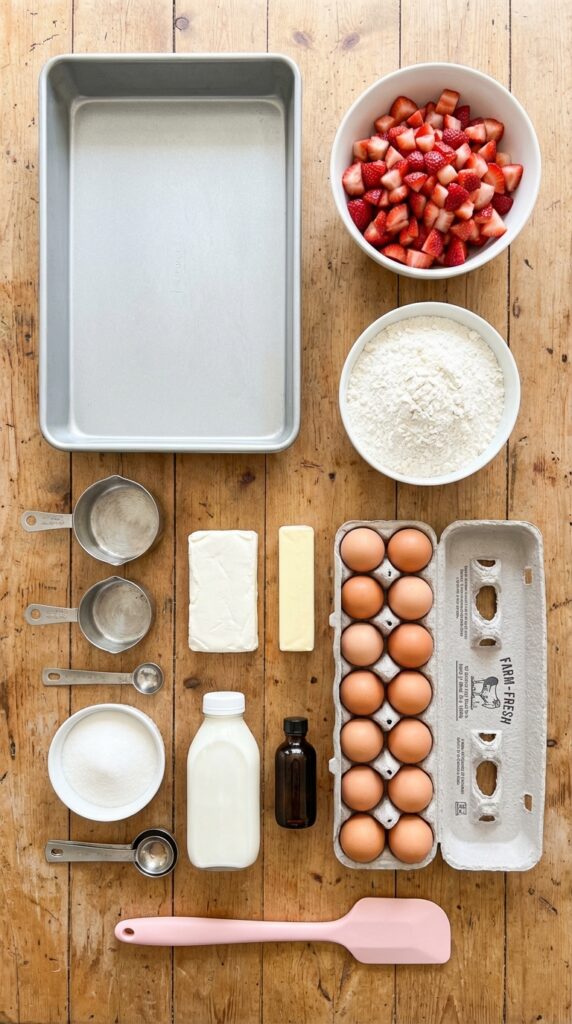 A flat lay showing a rectangular baking pan, diced strawberries, flour, eggs, and cream cheese on a wooden surface.
