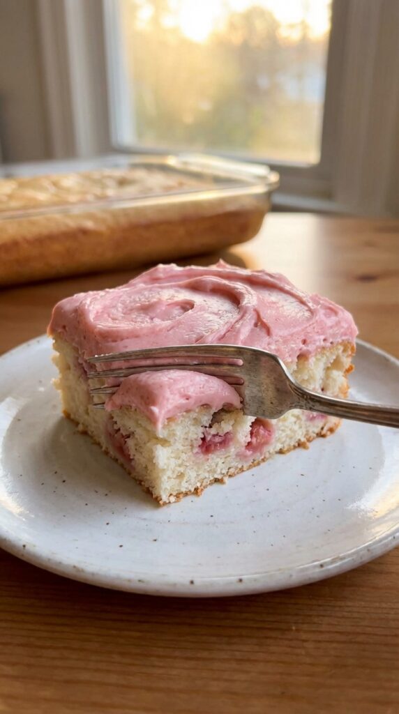 A close-up of a square slice of strawberry cake on a plate, showing strawberry pieces inside the crumb.
