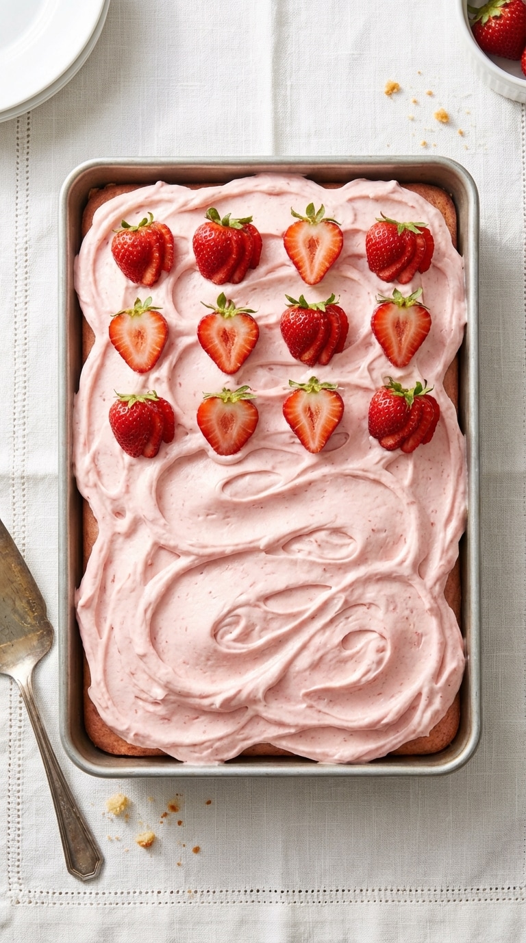 A rectangular sheet cake in a pan covered in pink frosting and topped with fresh strawberries on a picnic table.