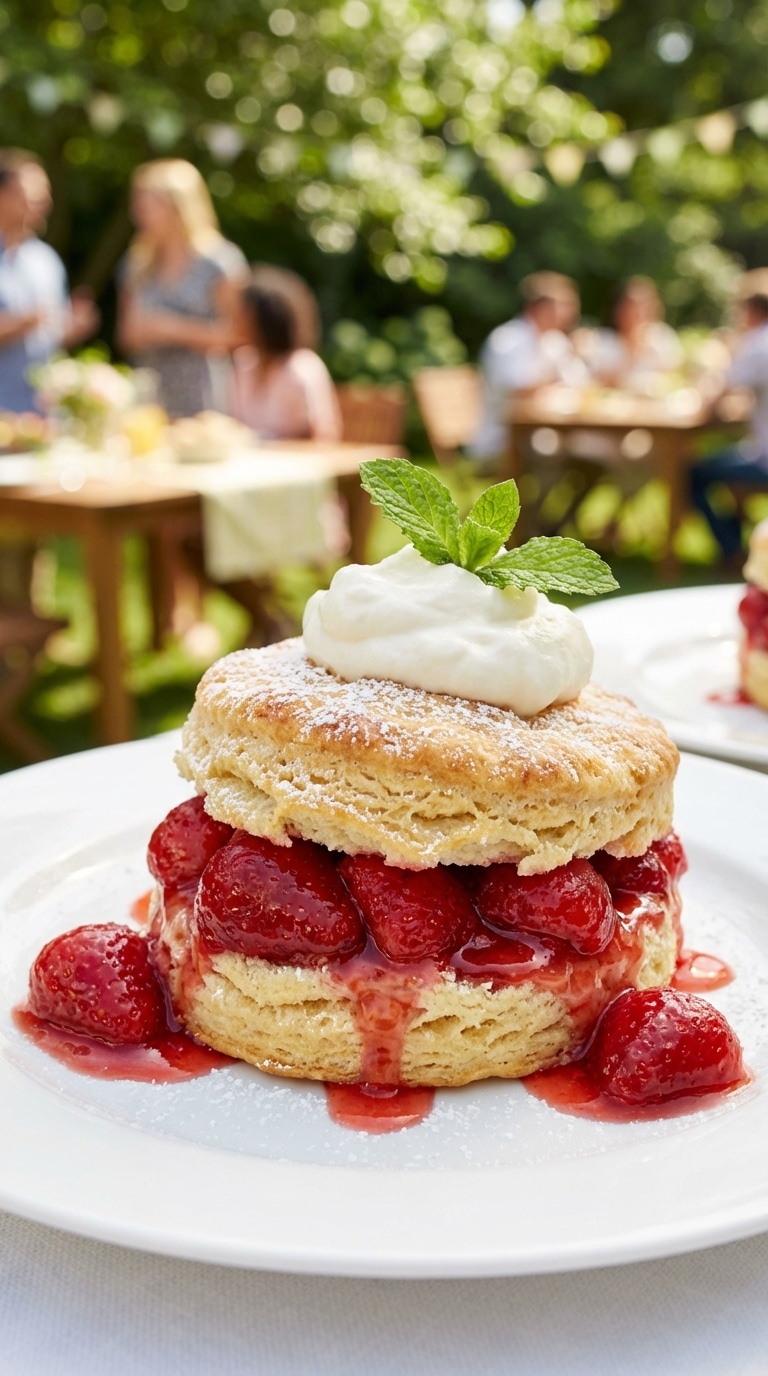 A close-up of a strawberry shortcake biscuit overflowing with strawberries, syrup, and whipped cream in a garden setting.