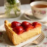 A close-up of a fork taking a bite of strawberry shortcake in an outdoor garden setting.