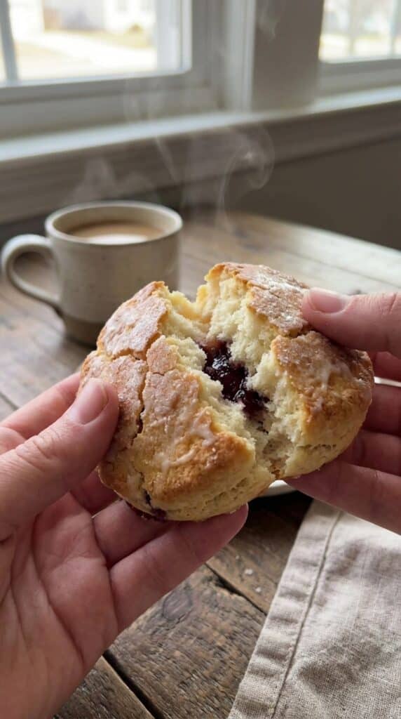 A close-up of hands breaking open a warm, steaming strawberry biscuit revealing the soft inside.