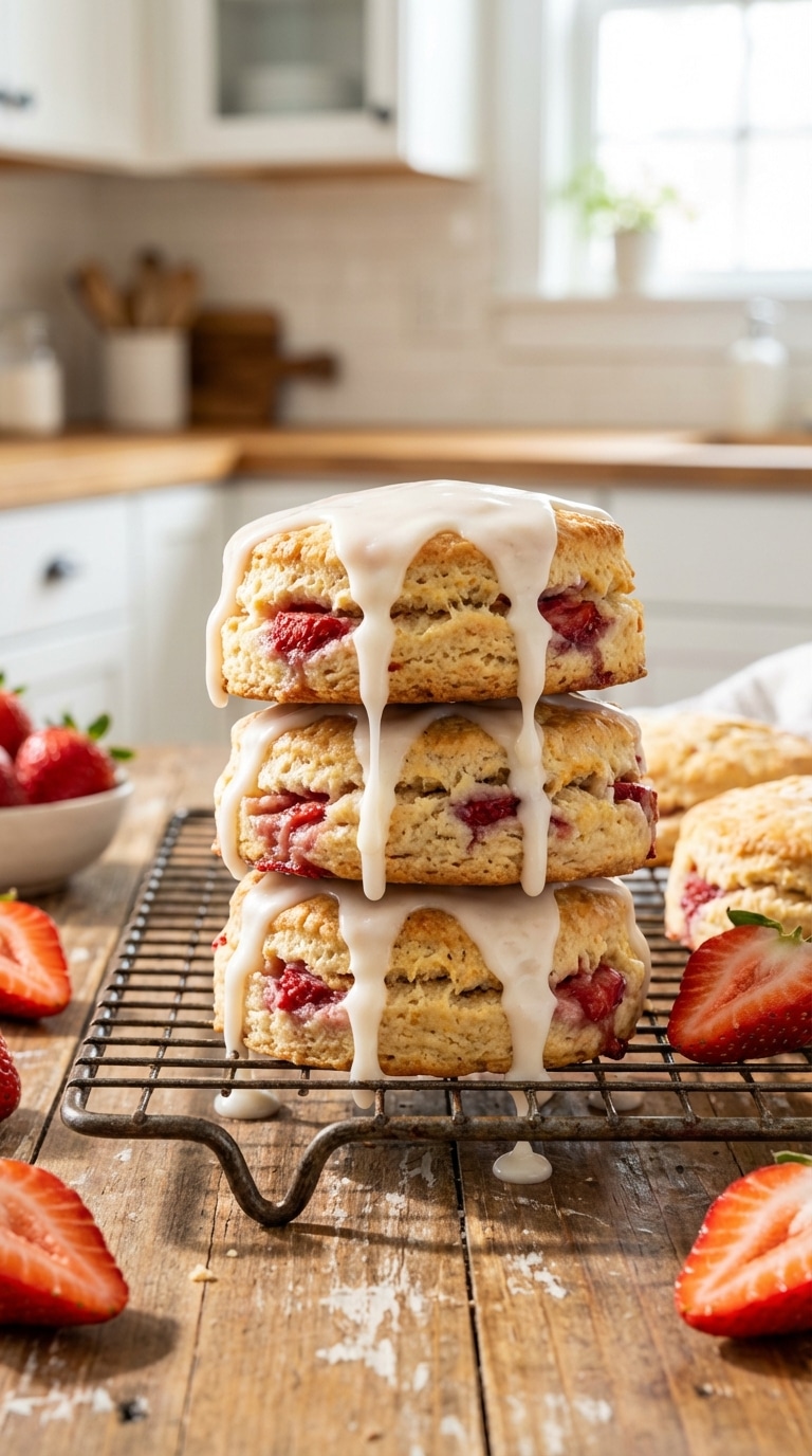 A stack of golden baked biscuits filled with strawberries and drizzled with thick white icing on a cooling rack.