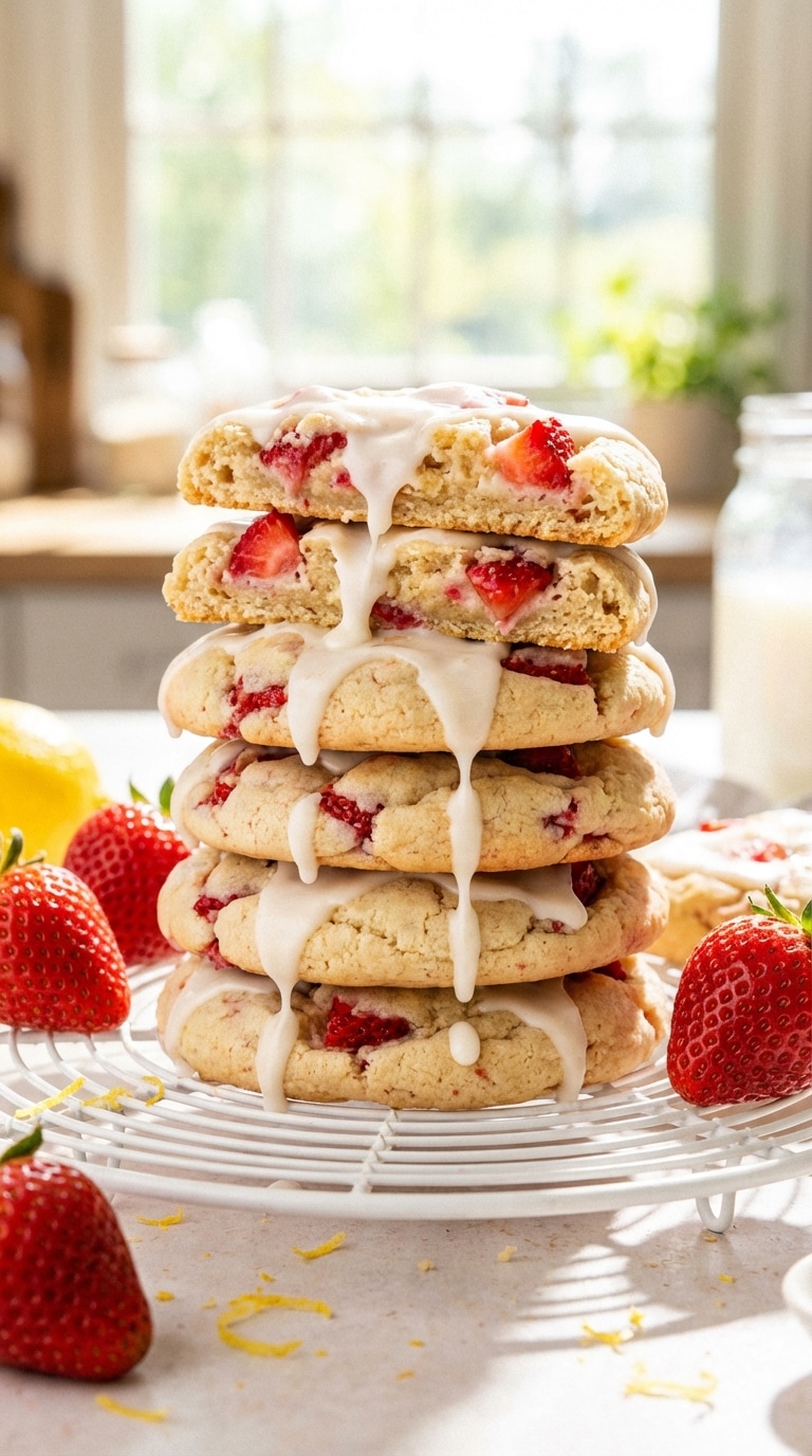 A stack of soft cookies with fresh strawberry chunks and white chocolate chips drizzled with glaze.