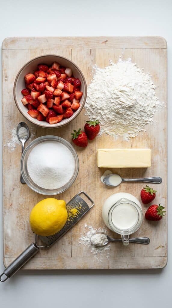 A flat lay showing diced strawberries, flour, butter, sugar, and white chocolate chips on a wood table.