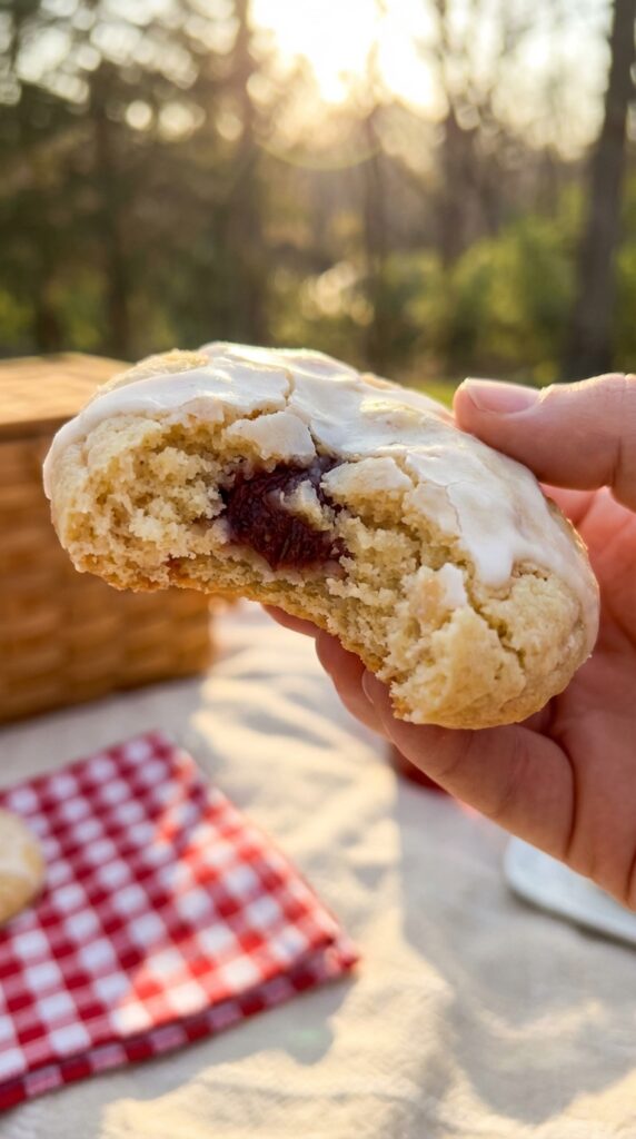 A close-up of hands breaking a soft strawberry cookie in half, revealing the moist interior.