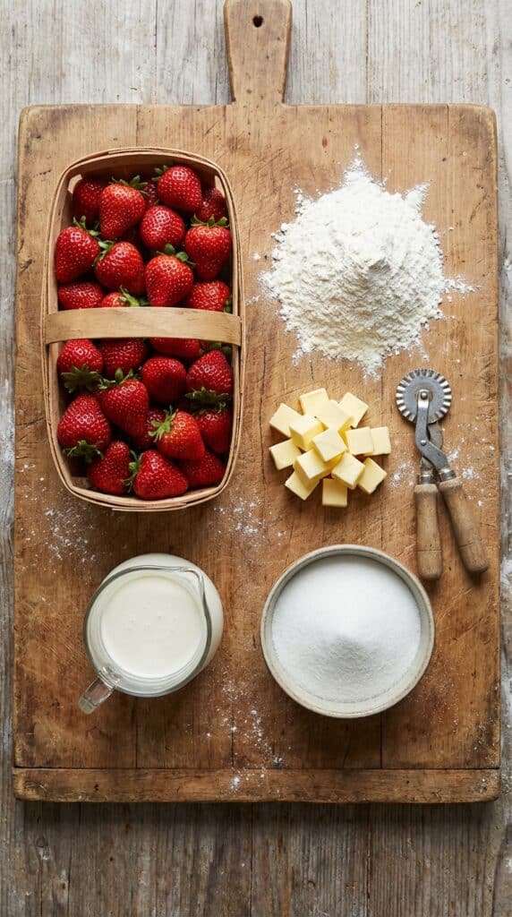 A flat lay showing fresh strawberries in a basket, flour, cold butter cubes, cream, and sugar on a wooden board.
