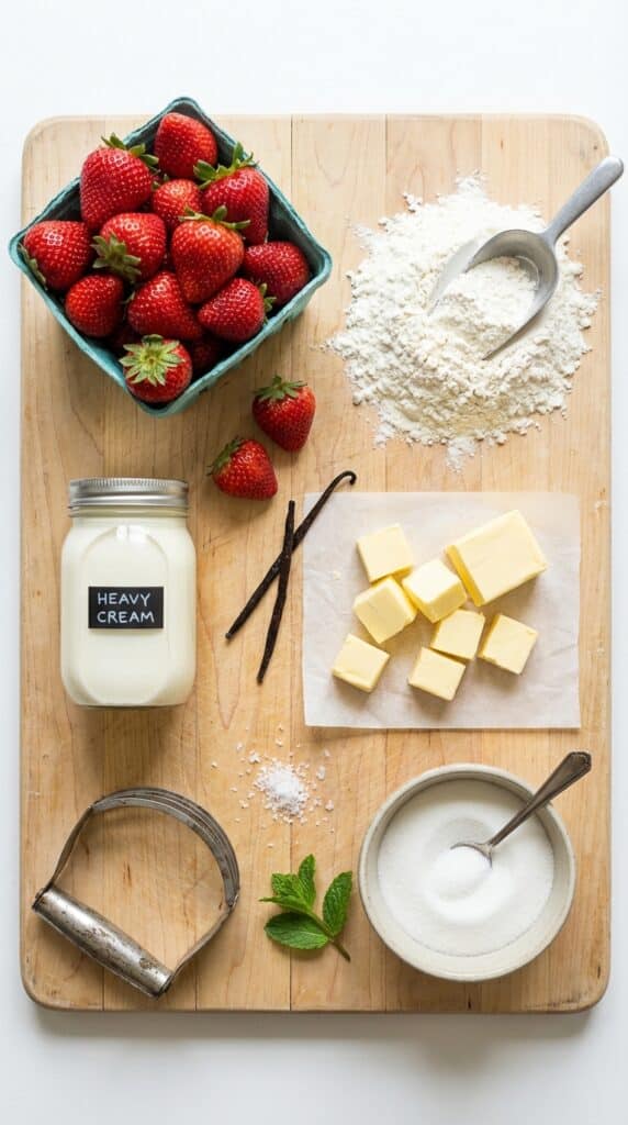 A flat lay showing fresh strawberries, flour, cold butter cubes, cream, and sugar on a wooden board.