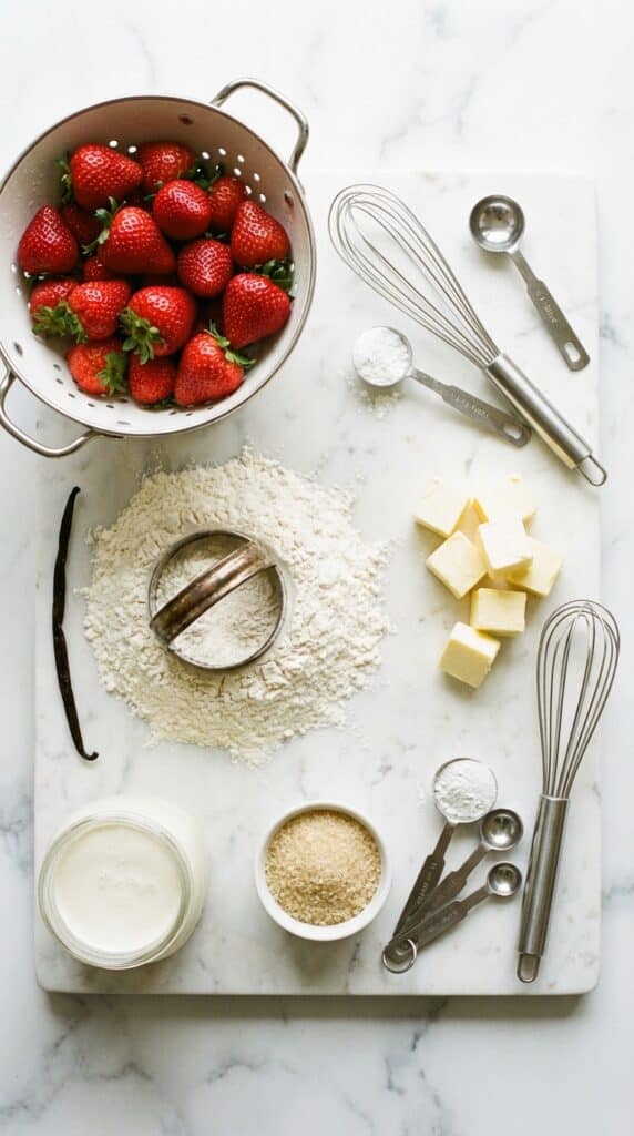 A flat lay showing fresh strawberries, flour, butter, cream, and sugar on a marble board.