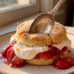 A close-up of a spoon pressing into a strawberry shortcake, squishing the cream and berries.