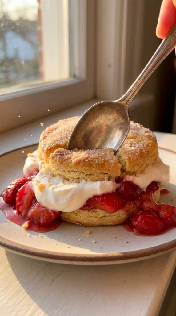 A close-up of a spoon pressing into a strawberry shortcake, squishing the cream and berries.