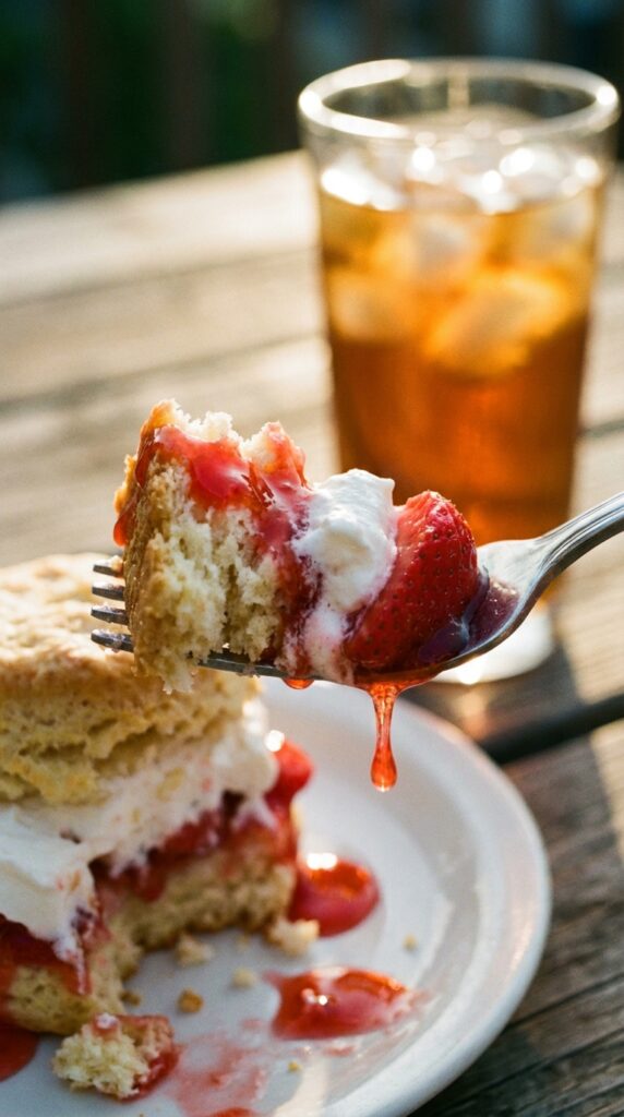 A close-up of a fork lifting a bite of biscuit, cream, and strawberry.