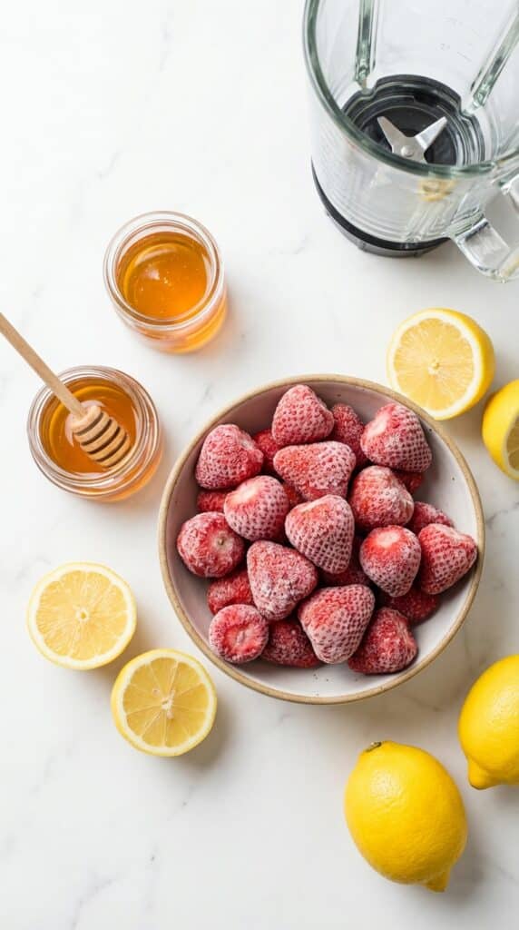A flat lay showing frozen strawberries, a jar of honey, and fresh lemons on a marble table.