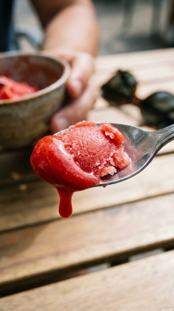 A close-up of a spoon taking a scoop of melting strawberry sorbet.
