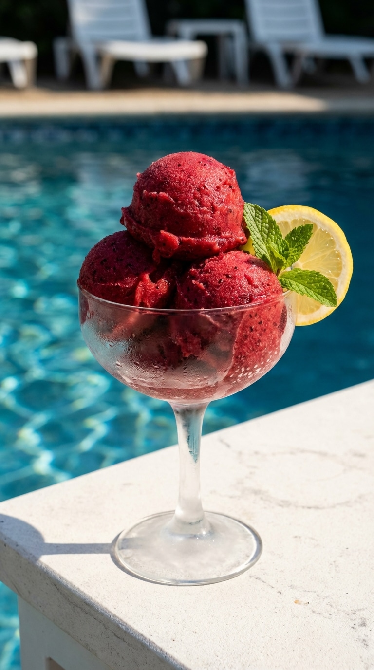 A glass coupe filled with three scoops of bright red strawberry sorbet garnished with mint.