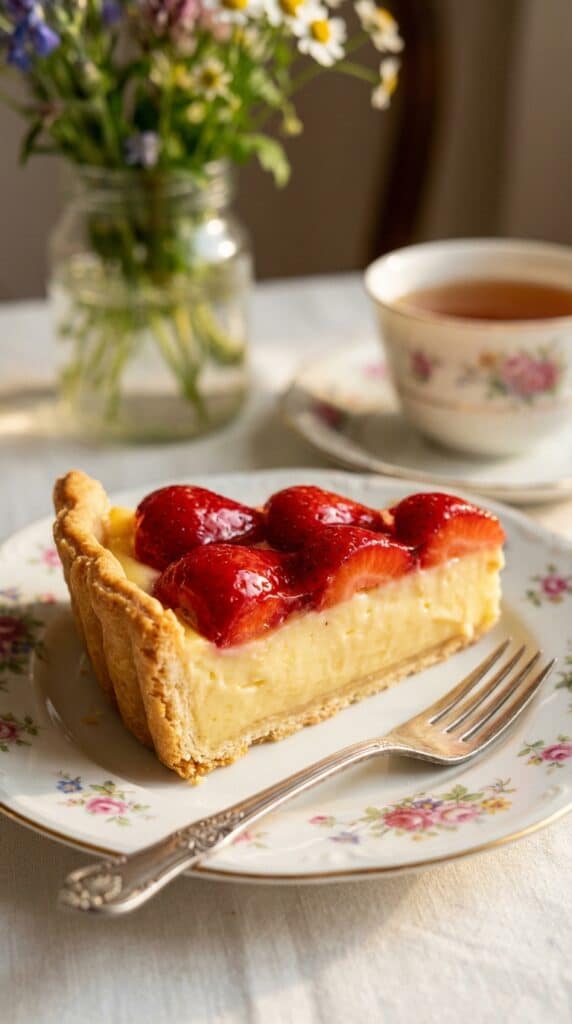 A close-up side view of a slice of strawberry tart showing layers of crust, pastry cream, and fruit.