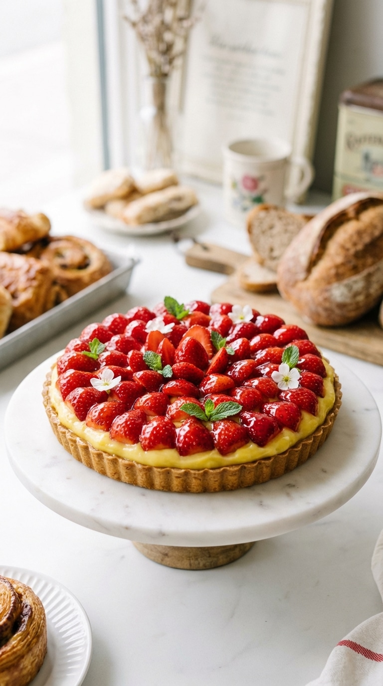 A top-down view of a whole strawberry tart with concentric circles of glazed berries on a marble surface.