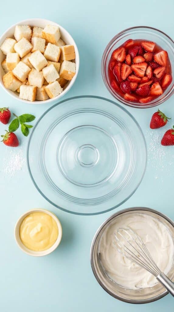 A flat lay showing bowls of cake cubes, sliced strawberries, pudding, and whipped cream ready for assembly.