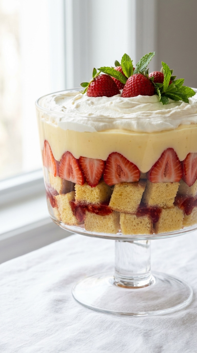 A large glass trifle bowl showing distinct layers of cake, strawberries, custard, and whipped cream.