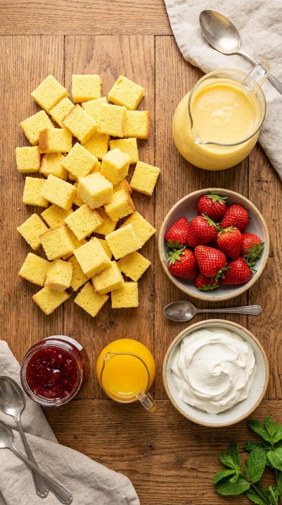 A flat lay showing cubed sponge cake, a jug of custard, fresh strawberries, jam, and whipped cream on a wooden surface.