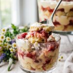 A close-up of a single serving of strawberry trifle in a glass cup with a spoon.