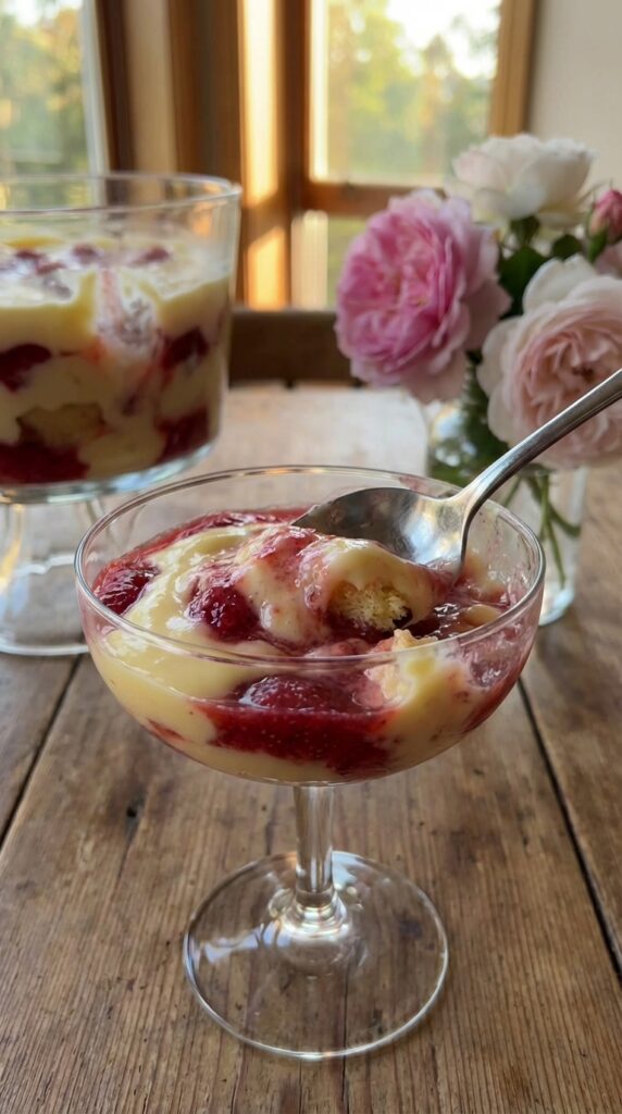 A close-up of a glass dessert cup with a scoop of strawberry trifle, showing the custard and cake mixing together.