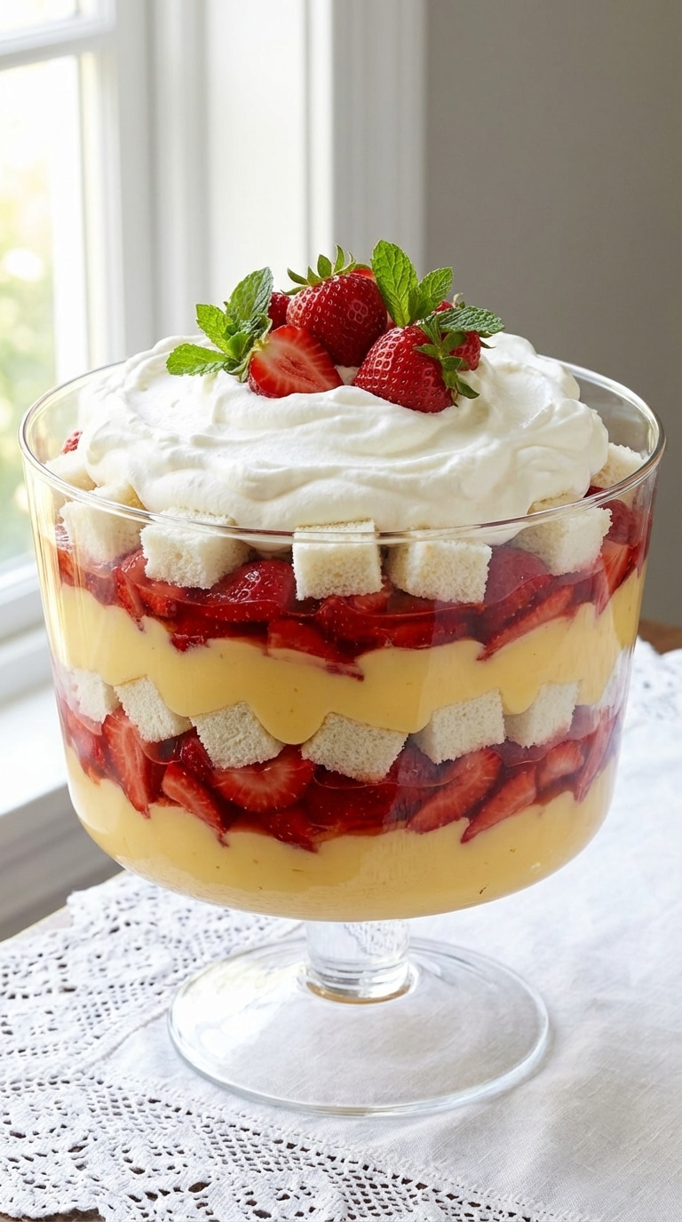 A large glass trifle bowl showing layers of cake, custard, strawberries, and whipped cream.