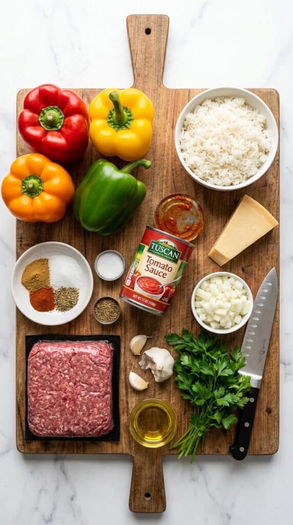 An overhead flat lay showing whole bell peppers, ground beef, rice, cheddar cheese, and tomato sauce on a wooden board.