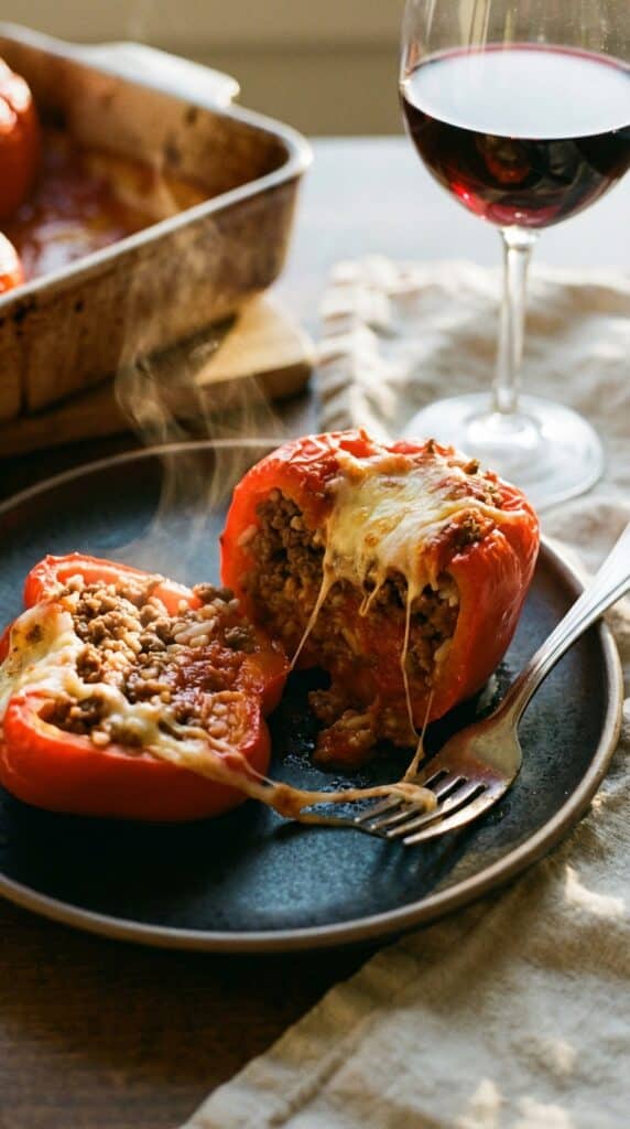 A close-up of a baked red stuffed pepper cut in half on a plate, showing the beef and rice filling with a melted cheese pull.