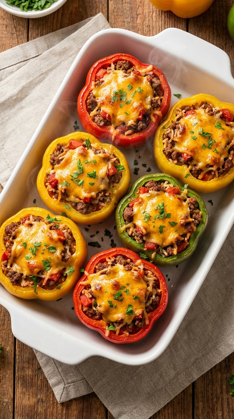 A top-down view of a baking dish filled with red, yellow, and green bell peppers stuffed with meat and rice, topped with melted cheese.