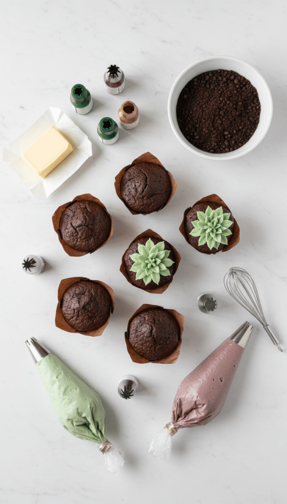 A flat lay showing plain chocolate cupcakes, piping bags with green frosting, piping tips, cookie crumbs, and food coloring on a marble board.