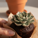 A close-up of a hand peeling the wrapper off a succulent cupcake, revealing moist chocolate cake beneath the cookie crumb dirt and green frosting.