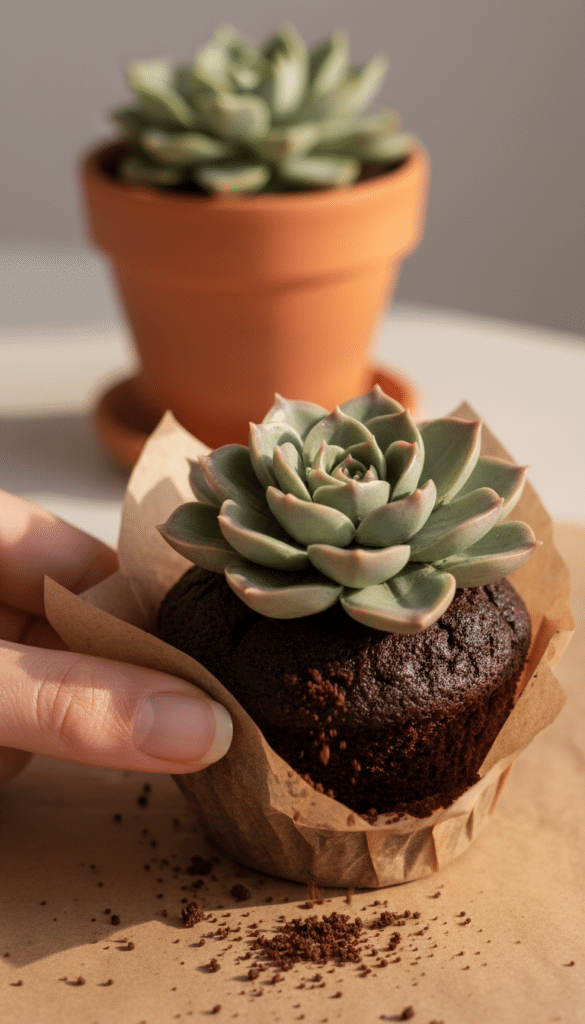 A close-up of a hand peeling the wrapper off a succulent cupcake, revealing moist chocolate cake beneath the cookie crumb dirt and green frosting.