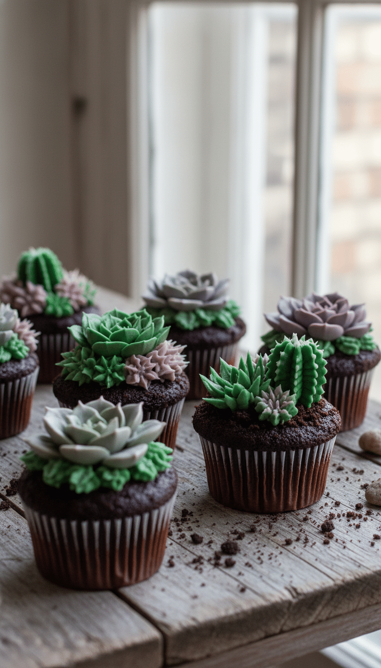 A group of chocolate cupcakes decorated with intricate green and purple buttercream to look like a realistic succulent garden.