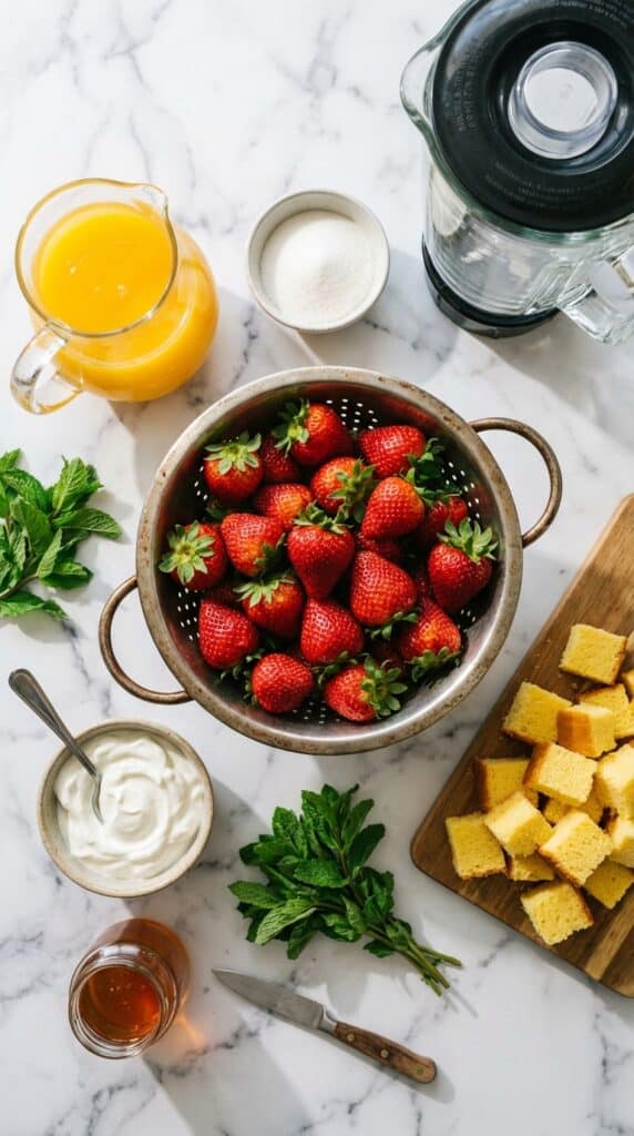 A flat lay showing fresh strawberries, orange juice, yogurt, and cubes of pound cake on a marble table.