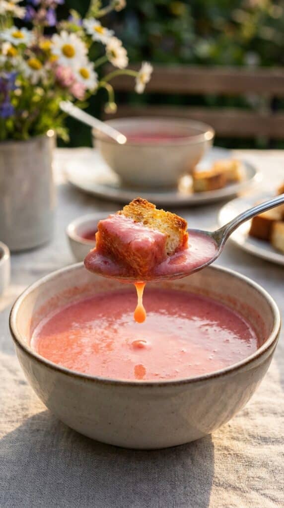 A close-up of a spoon lifting a piece of toasted cake and pink strawberry soup.