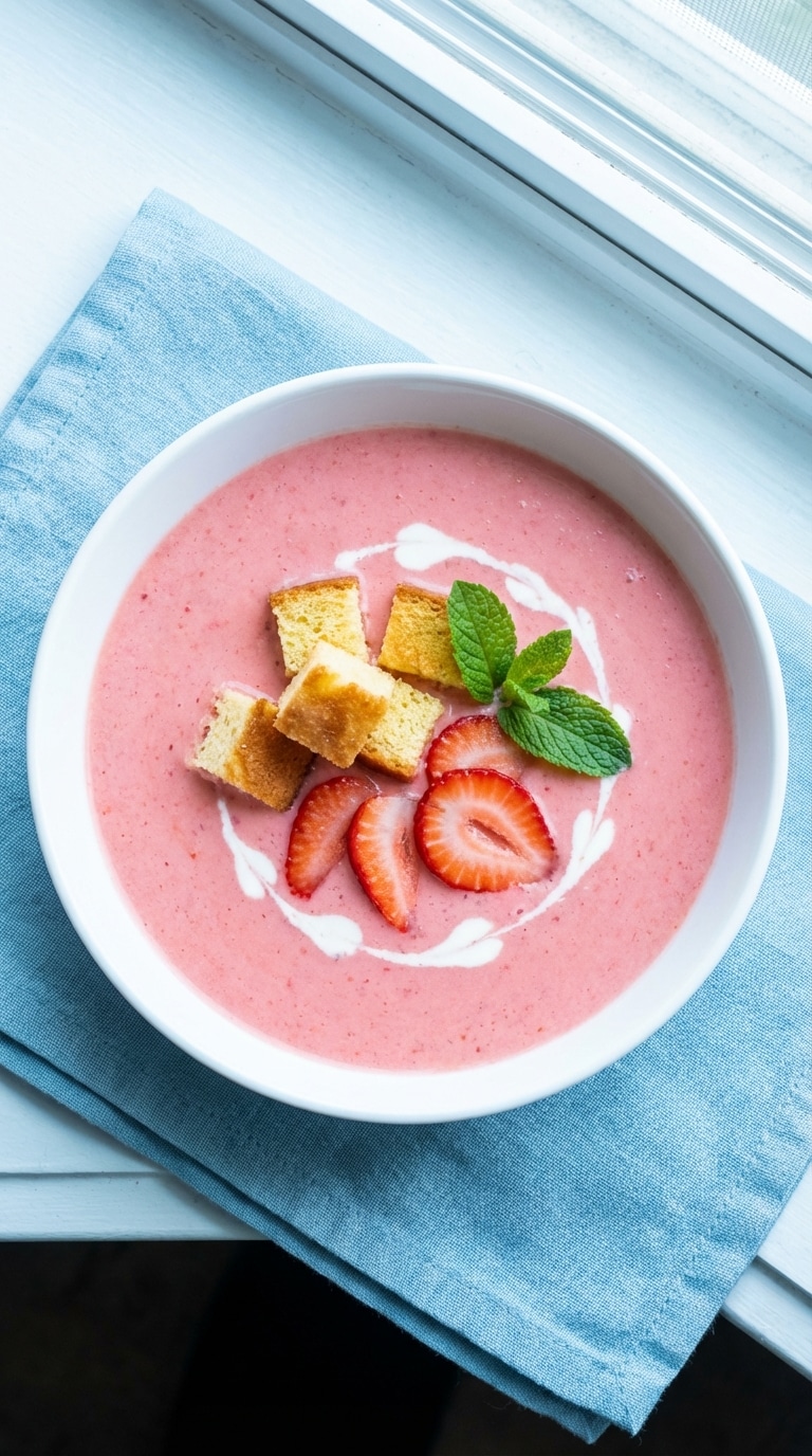 A top-down view of a bowl of creamy pink strawberry soup topped with toasted cake cubes, cream swirl, and mint.