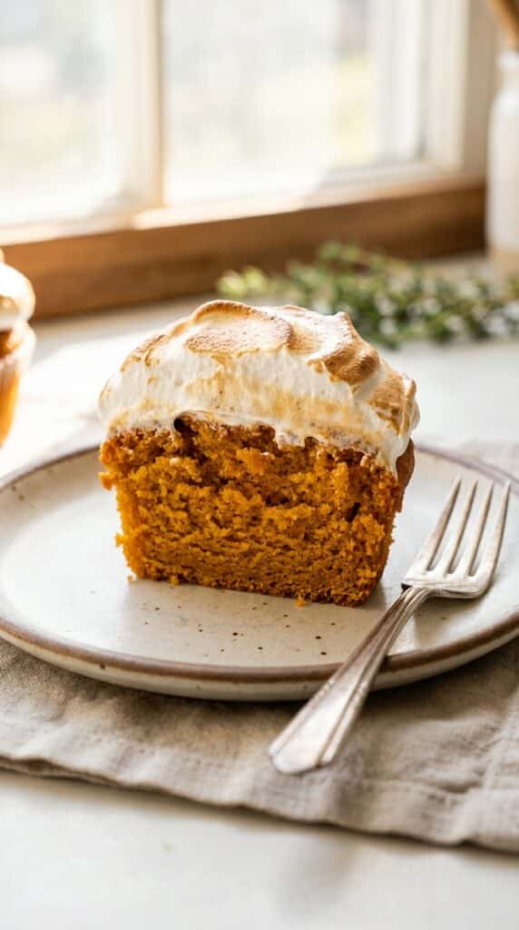 A close-up cross-section of a halved sweet potato cupcake, showing a moist orange interior and fluffy toasted marshmallow frosting.