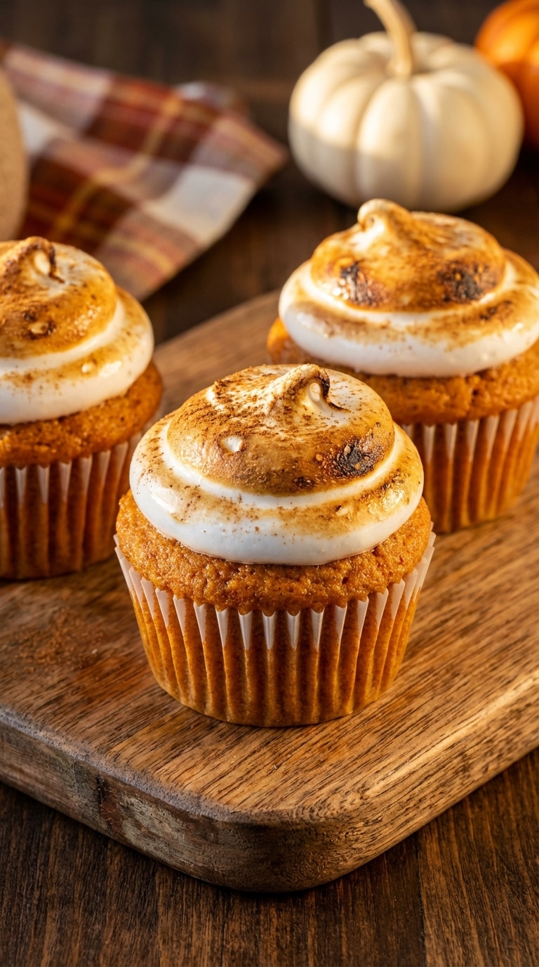 Three sweet potato cupcakes in white liners topped with tall swirls of toasted marshmallow meringue frosting on a wooden board.