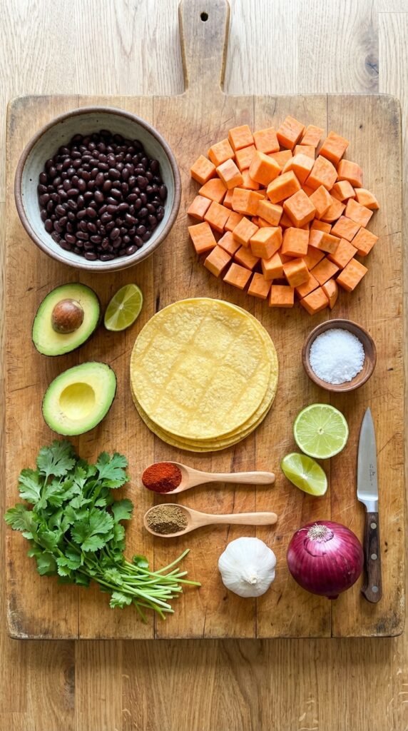 A flat lay showing diced sweet potatoes, black beans, corn tortillas, avocado, and colorful spices on a wooden board.