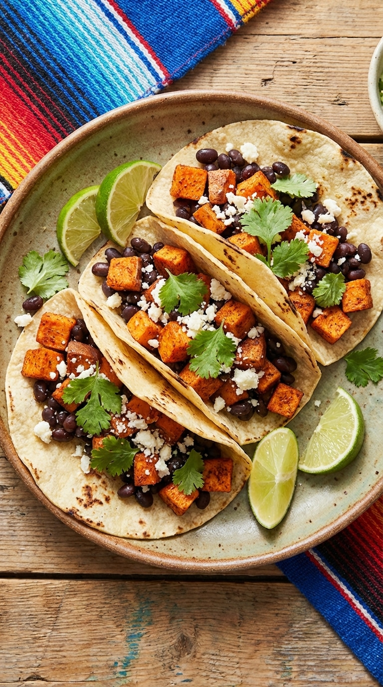 Three sweet potato and black bean tacos topped with cilantro and cheese on a rustic plate with lime wedges.