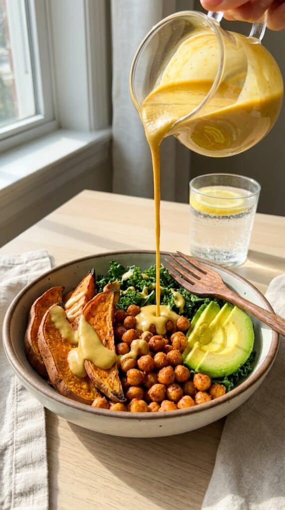 A close-up of thick, creamy tahini dressing being poured from a small pitcher over a bowl of sweet potatoes, chickpeas, and avocado.