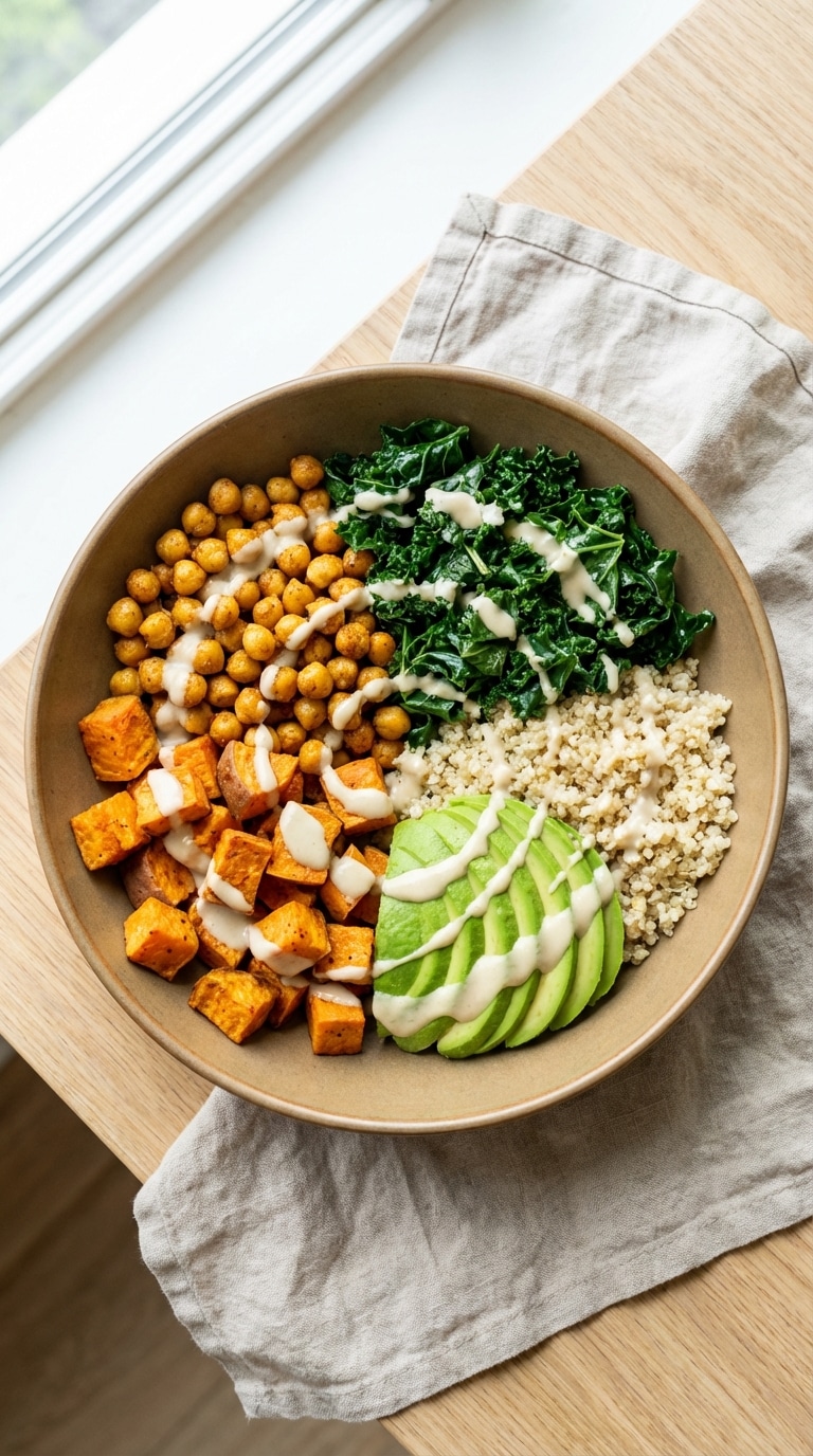 A top-down view of a Buddha bowl filled with sections of roasted sweet potatoes, chickpeas, kale, quinoa, and avocado, drizzled with tahini dressing.